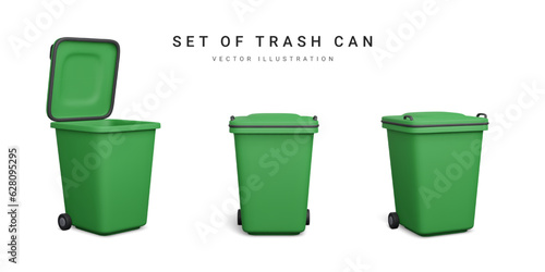 Set of 3d realistic blue trash cans isolated on white background. Vector illustration
