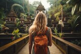 Bali Adventure Tourist Woman with Backpack on Vacation. Generative Ai
