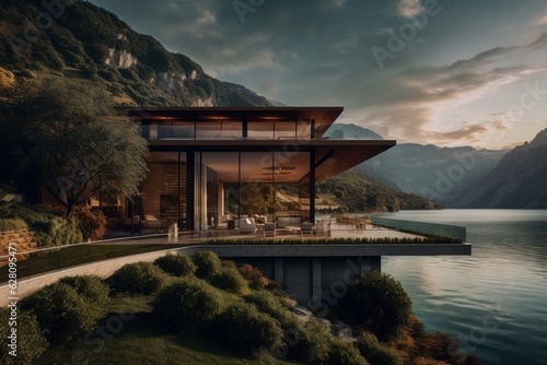 Illustration of a house perched on a cliff with a breathtaking view of the water, created using generative AI © Marius