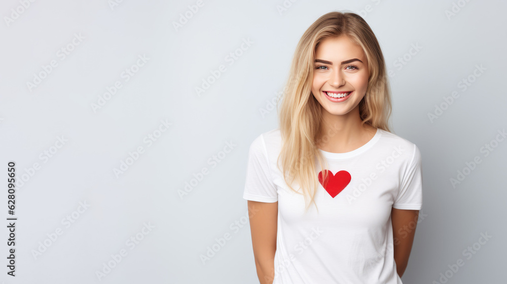Smiling woman wearing t-shirt with drawn heart isolated on white background. AI Generated. Smiling woman wearing t-shirt with drawn heart isolated on white background. AI Generated.