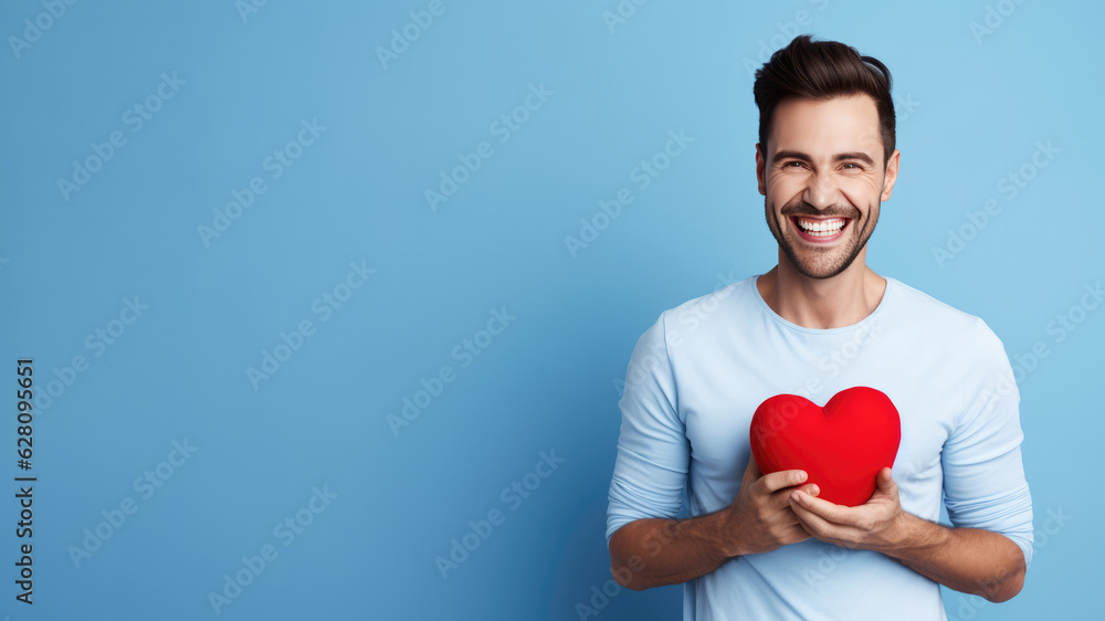 Smiling man holding small plastic heart isolated on blue background. AI Generated. Smiling man holding small plastic heart isolated on blue background. AI Generated.