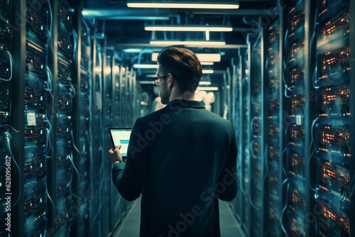 a man with a tablet checks the server room Fototapet