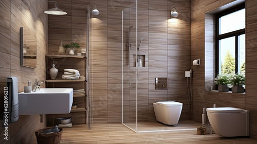 Cuarto de baño lujoso y moderno en tonos madera calidos y blancos. ilustracion de ia generativa