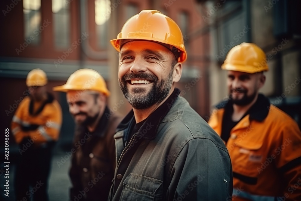 builders in helmets on the background of construction. Construction concept. generative ai. builders in helmets on the background of construction. Construction concept. generative ai.