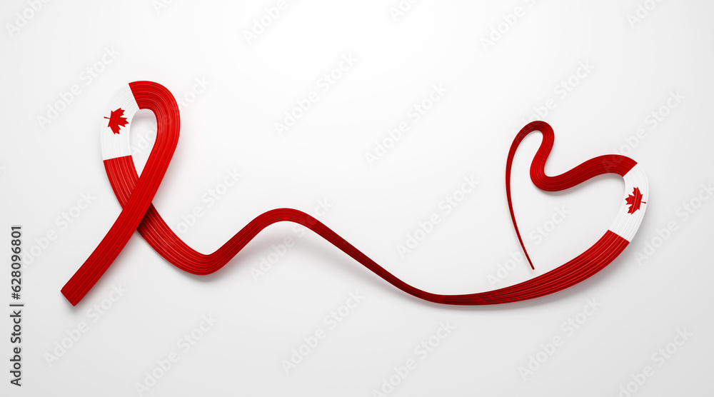 3d Flag Of Canada Heart Shaped Shiny Wavy Awareness Ribbon flag On White Background, 3d illustration 3d Flag Of Canada Heart Shaped Shiny Wavy Awareness Ribbon flag On White Background, 3d illustration