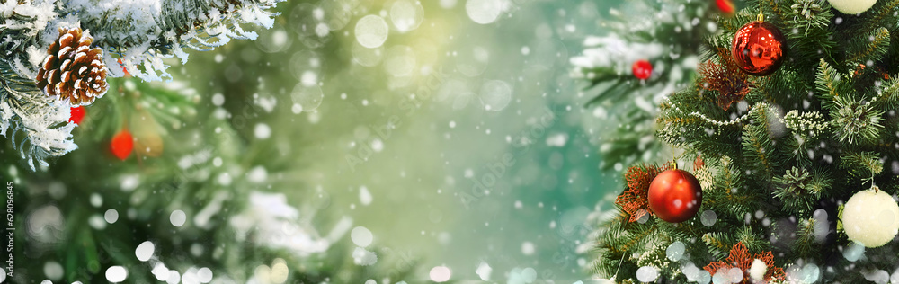 Winter panoramic background with snow-covered spruce branches, Christmas tree decorated with toys in snowfall. Christmas banner.