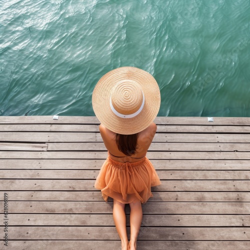 Summer holiday fashion concept - tanning woman wearing sun hat on a wooden pier view from above. Generative AI.