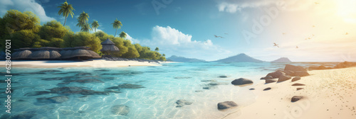 Tropical paradise beach with white sand. Panoramic view. Generative AI