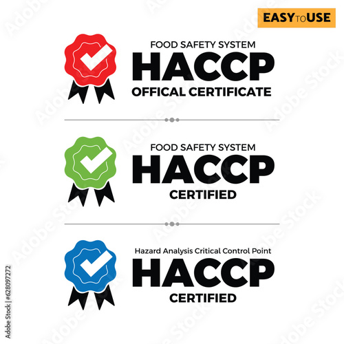HACCP - Hazard Analysis and Critical Control Points, Food Safty system, logo, badge, icon, sticker, label, emblem, stamp, symbol, green, golden, flat vector, isolated illustration. HACCP Certified. 