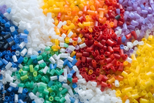 Closeup of vibrant recycled plastic pellets, showcasing the potential of waste materials to be transformed into new resources through recycling