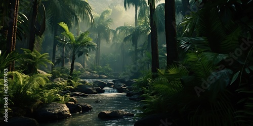 Fototapeta Naklejka Na Ścianę i Meble -  AI Generated. AI Generative. Wild tropical jungle forest park tree landscape. Adventure travel risky explore trip background landscape. Graphic Art