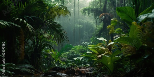 AI Generated. AI Generative. Wild tropical jungle forest park tree landscape. Adventure travel risky explore trip background landscape. Graphic Art