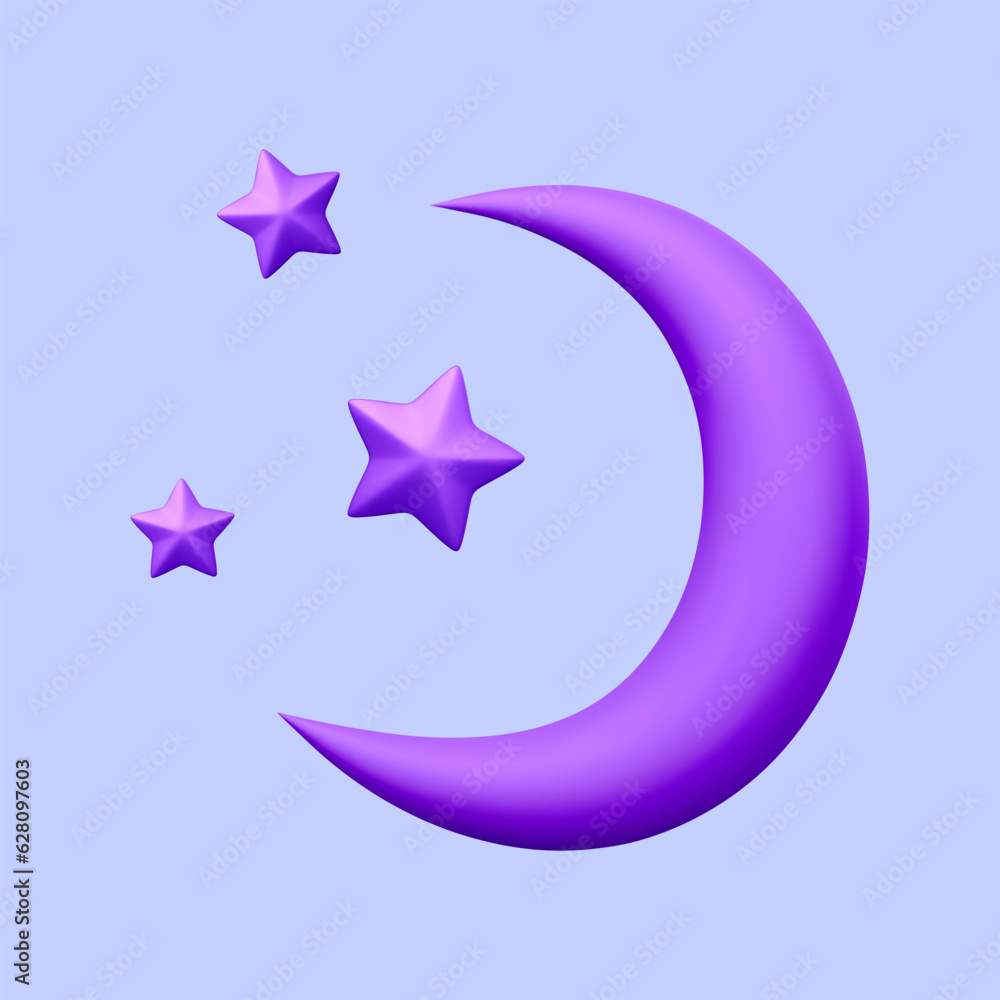 Obraz premium 3d realistic crescent and stars isolated on white background. Abstract moon with bright stars in cartoon style. Vector illustration