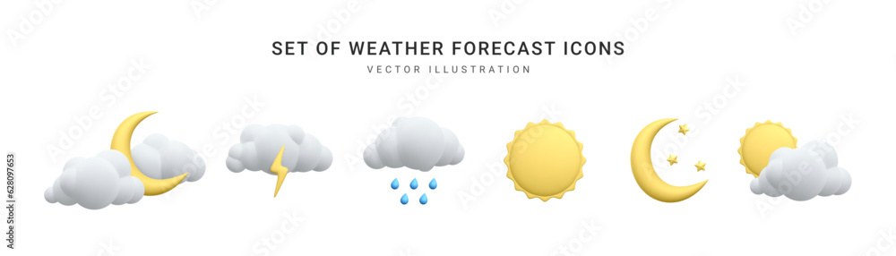 Set of 3d realistic forecast weather icons isolated on white background. Sun, moon, star, lightning, cloud, rain drops in cartoon style. Vector illustration Set of 3d realistic forecast weather icons isolated on white background. Sun, moon, star, lightning, cloud, rain drops in cartoon style. Vector illustration