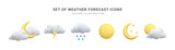 Set of 3d realistic forecast weather icons isolated on white background. Sun, moon, star, lightning, cloud, rain drops in cartoon style. Vector illustration