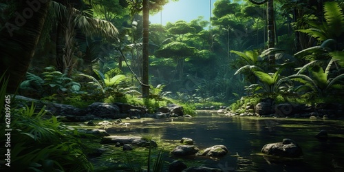 AI Generated. AI Generative. Wild tropical jungle forest park tree landscape. Adventure travel risky explore trip background landscape. Green plant botanical vibe