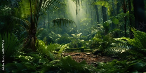 AI Generated. AI Generative. Wild tropical jungle forest park tree landscape. Adventure travel risky explore trip background landscape. Green plant botanical vibe © Graphic Warrior