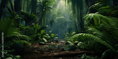 AI Generated. AI Generative. Wild tropical jungle forest park tree landscape. Adventure travel risky explore trip background landscape. Green plant botanical vibe