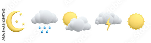 Set of 3d realistic forecast weather icons isolated on white background. Sun, moon, star, lightning, cloud, rain drops in cartoon style. Vector illustration
