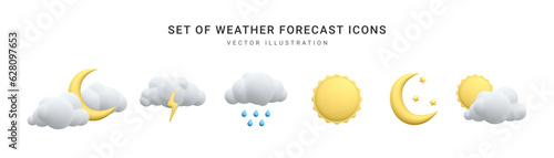 Set of 3d realistic forecast weather icons isolated on white background. Sun, moon, star, lightning, cloud, rain drops in cartoon style. Vector illustration