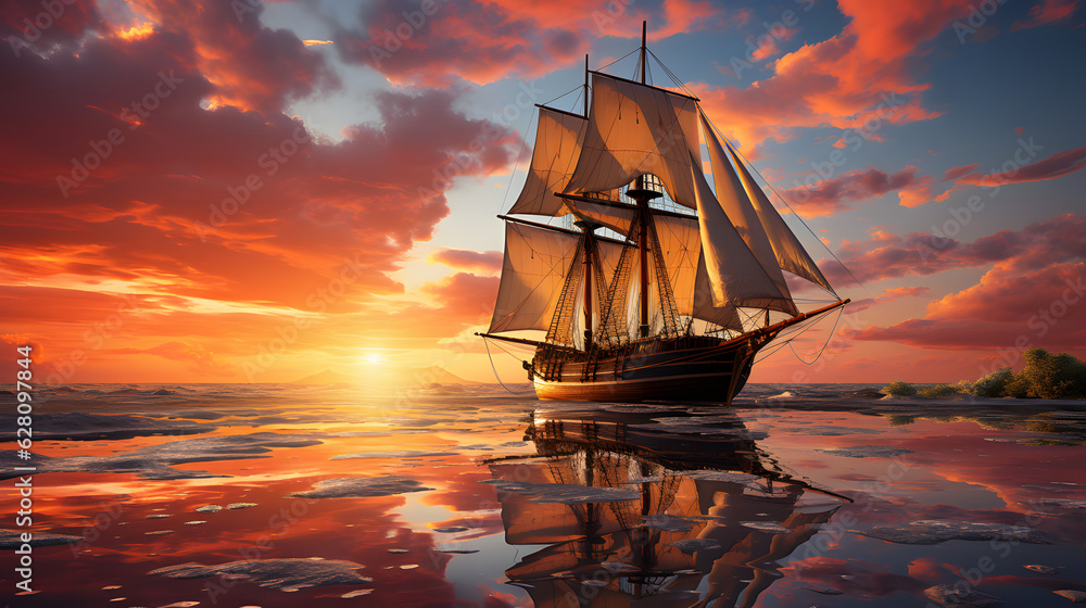 Summer sunset sailing ship scenery cloudy sky desktop wallpaper ai generated