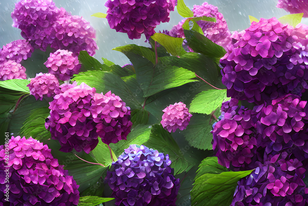 Beautiful hydrangeas on a rainy day, Generative Ai Beautiful hydrangeas on a rainy day, Generative Ai