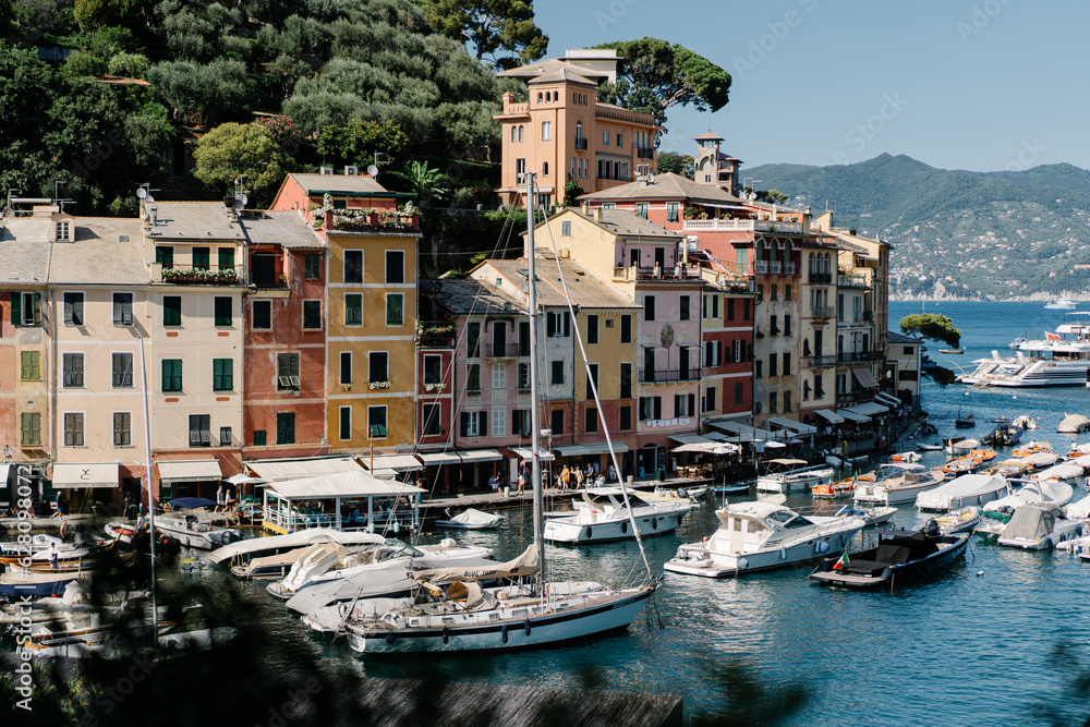 View of Portofino town and port with boats, Italy. High quality photo