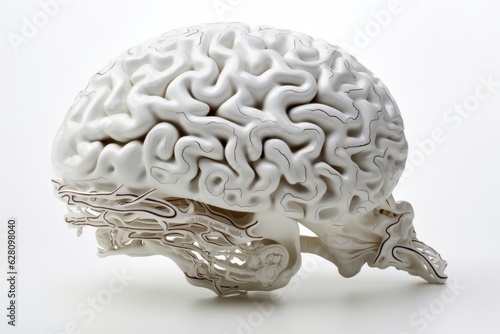 Illustration of a model of a human brain on a white background created with generative AI
