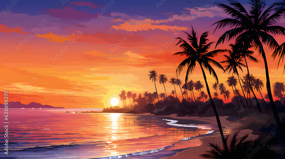 Ocean sunset scenery summer evening with palm tree silhouettes desktop wallpaper ai generated