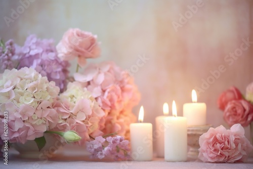 Illustration of a vase filled with pink and white flowers next to three lit candles  created using generative AI