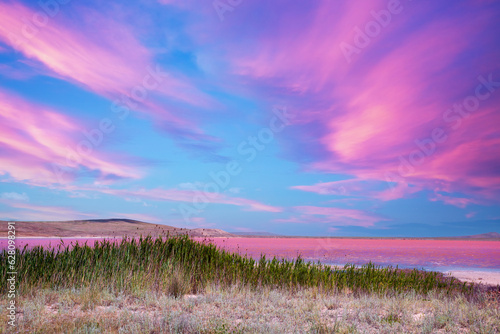 View at Pink lake with beautiful sky at sunset light