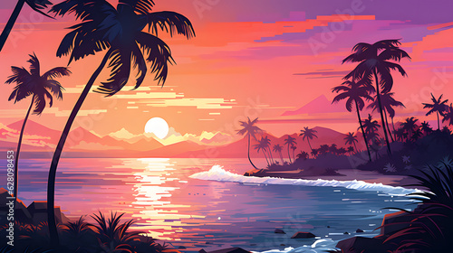 Ocean sunset scenery summer evening with palm tree silhouettes desktop wallpaper ai generated