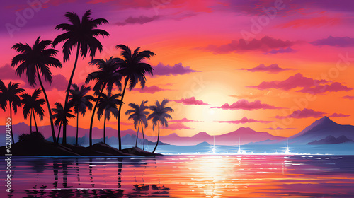 Ocean sunset scenery summer evening with palm tree silhouettes desktop wallpaper ai generated © Vectonessa