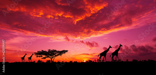 Amazing sunset and sunrise.Panorama silhouette tree in africa with sunset.Tree silhouetted against a setting sun.