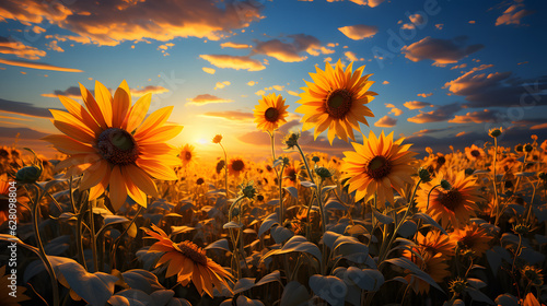Sunflower field close up sunset desktop wallpaper ai generated