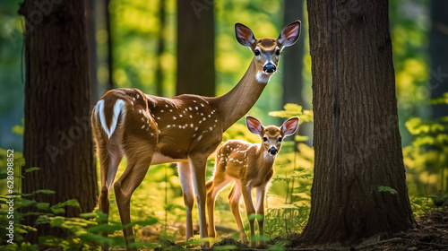 Tender Moments, A Mother Deer and Fawn in the Forest. Generative AI