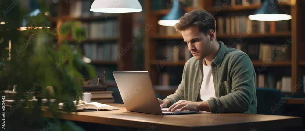 Fototapeta premium young man student working on laptop and study in library, Generative AI