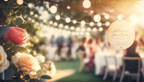 Wedding guests celebrating at a beautiful outdoor venue on a sunny day, luxury wedding decoration idea and decor inspiration with flowers, party event celebration at the garden estate. Generative Ai