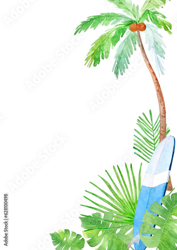 Photography Watercolor hand-drawn frames with palm leaves and surfboard on a transparent background