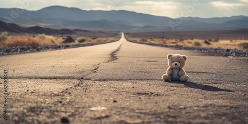 AI Generated. AI Generative. Lonely broken lost bear animal toy game on the road. Sad vibe background. Desert nature outdoor landscape