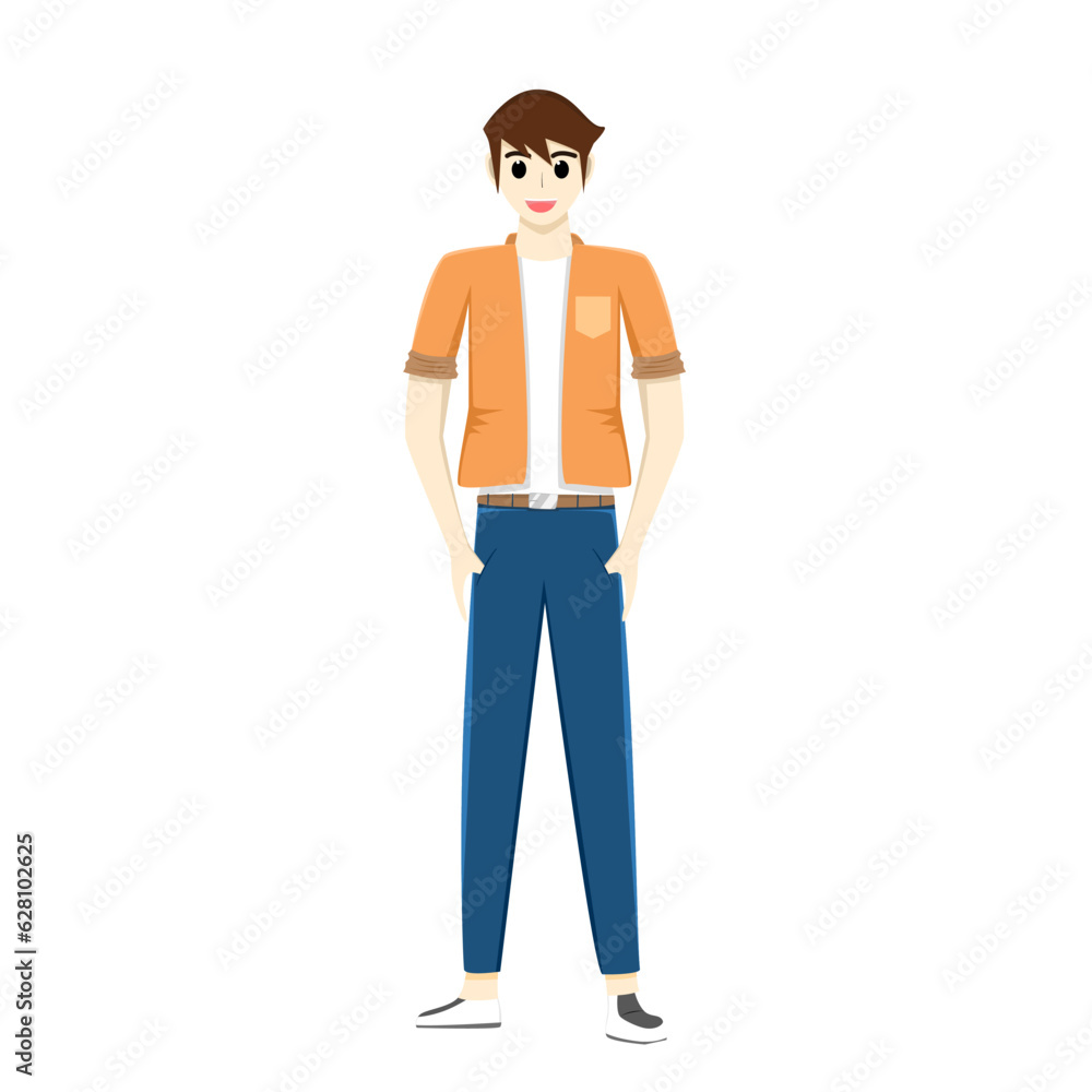 A tall, white male teenager standing with a happy smiling expression on a white background. man with brown hair wear a jacket and trousers. Vector illustration cartoon style for lifestyle, good day A tall, white male teenager standing with a happy smiling expression on a white background. man with brown hair wear a jacket and trousers. Vector illustration cartoon style for lifestyle, good day