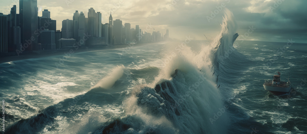 The impact of Climate Change and Global Warming. A massive tidal wave ...
