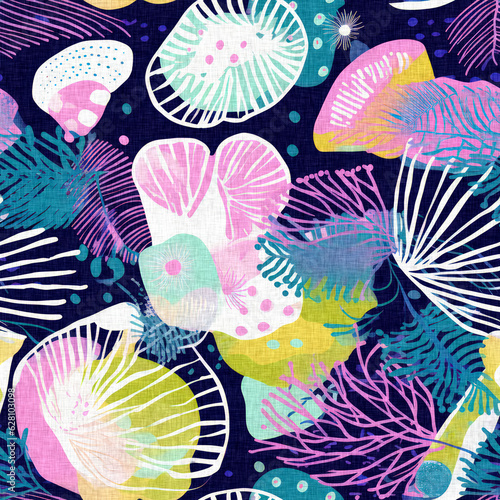  Seamless trendy underwater shell clam repeat background. Tropical modern seashell coastal pattern clash fabric coral reef print for summer beach textile designs with a linen cotton effect.