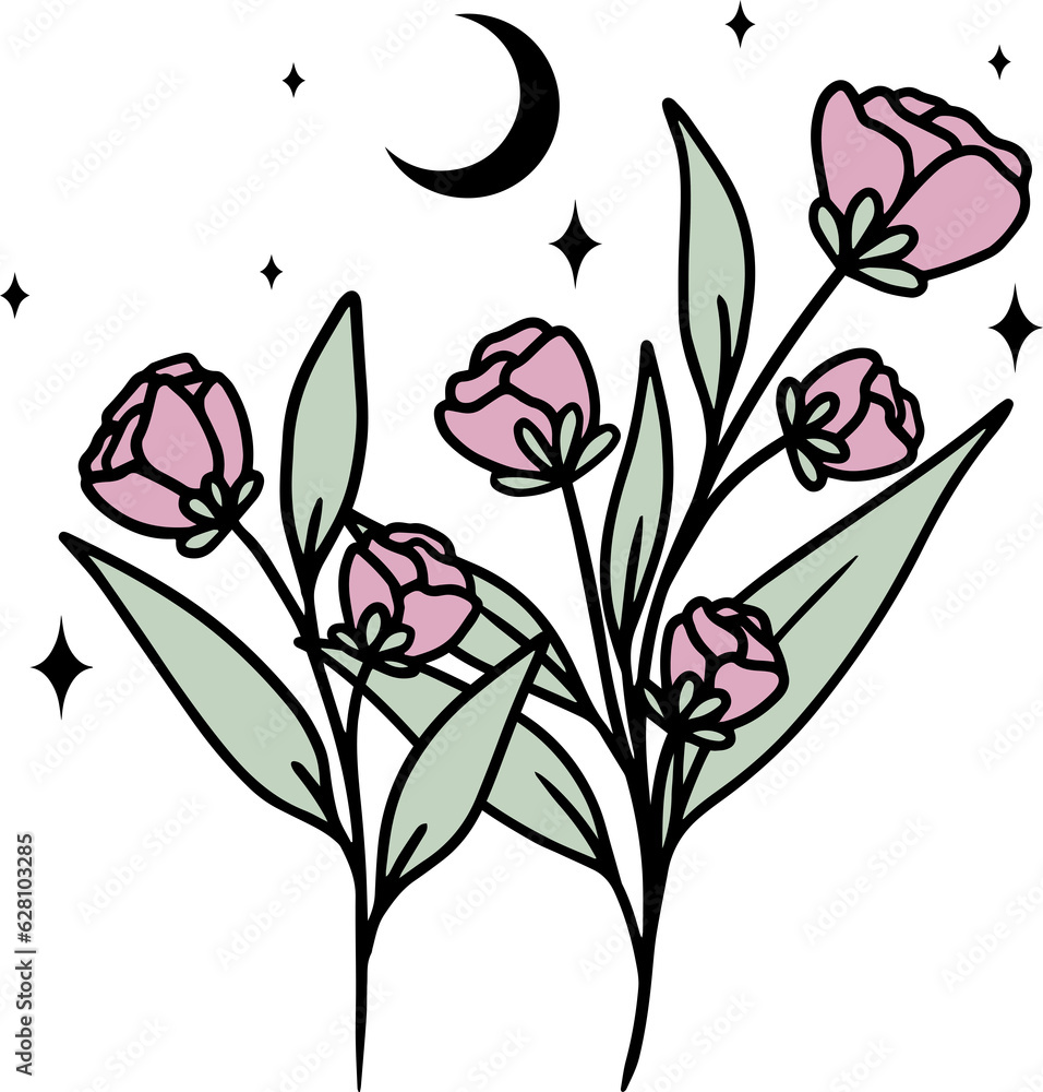 Obraz premium Minimalistic line art illustration of flowers with moon and star