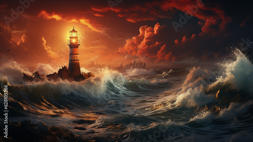 Beautiful lighthouse in a dramatic storm. Generative Ai
