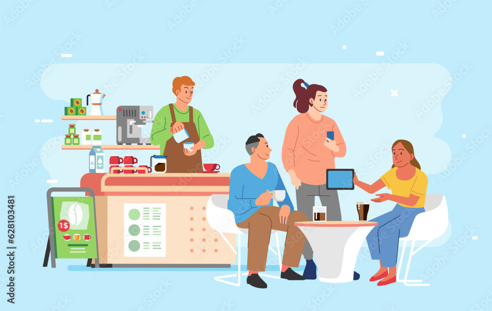 Group of people man and woman Drink coffee and Working in Coffeshop. Barista and customer in small coffee shop Coworking Group of people man and woman Drink coffee and Working in Coffeshop. Barista and customer in small coffee shop Coworking