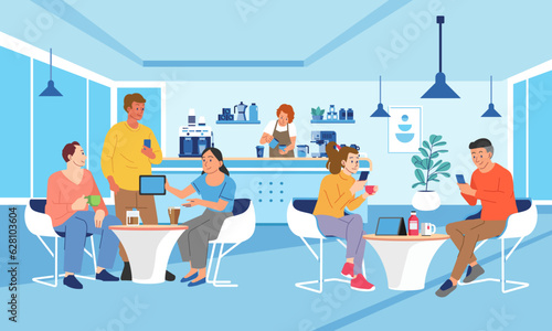 Young People Characters Dinning and Working in modern Coffehouse. Woman and Man Working and Drinking Coffee. Coworking Loft Office with Cafe. Freelancers at Work.