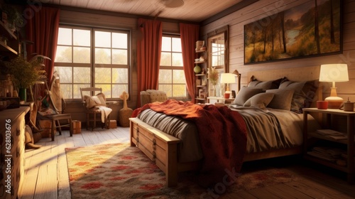An inviting bedroom with warm colors and cozy elements. AI generated