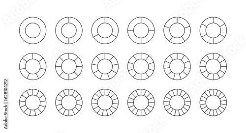 Outline round structure template with elements. Circle chart. Pie diagram divided into pieces. Circular section graph. Set schemes with sectors. Piechart with segments and slices. Vector illustration