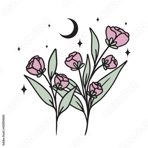 Minimalistic line art illustration of flowers with moon and star  vector art